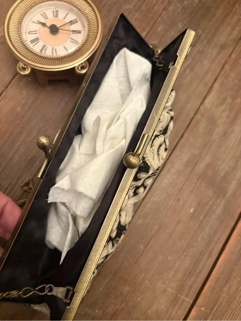 Vintage-Inspired Black and Cream Brocade Clutch Shoulder Bag
